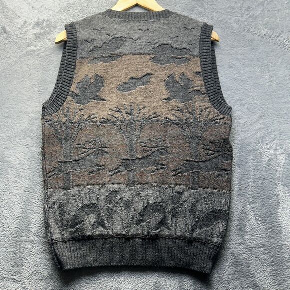 Vintage Wool Vest Mens Medium Gray Sweater Old Money Deer Duck Fishing 90s Y2K - Picture 9 of 9